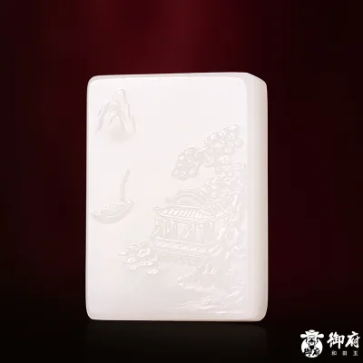Front view of a Xinjiang white Hetian jade seed jade Jiangnan landscape plaque